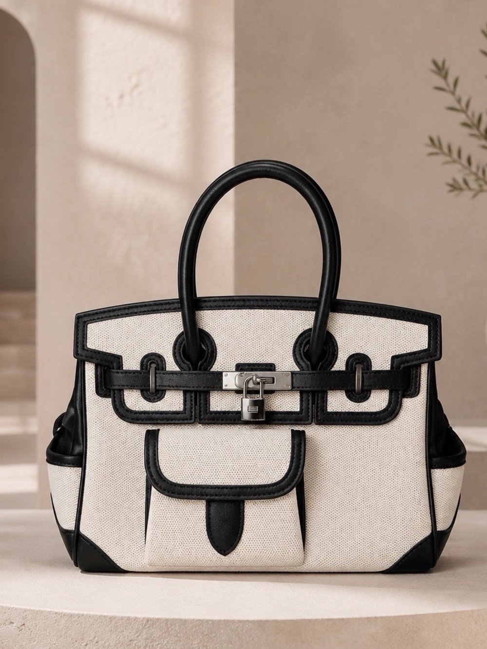 Classic Black Canvas Cargo Tote Bag with 100% Genuine Leather Trim